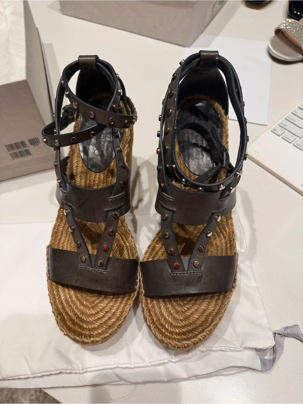 Jimmy Choo Gray Studded Espadrille Wedge Sandals